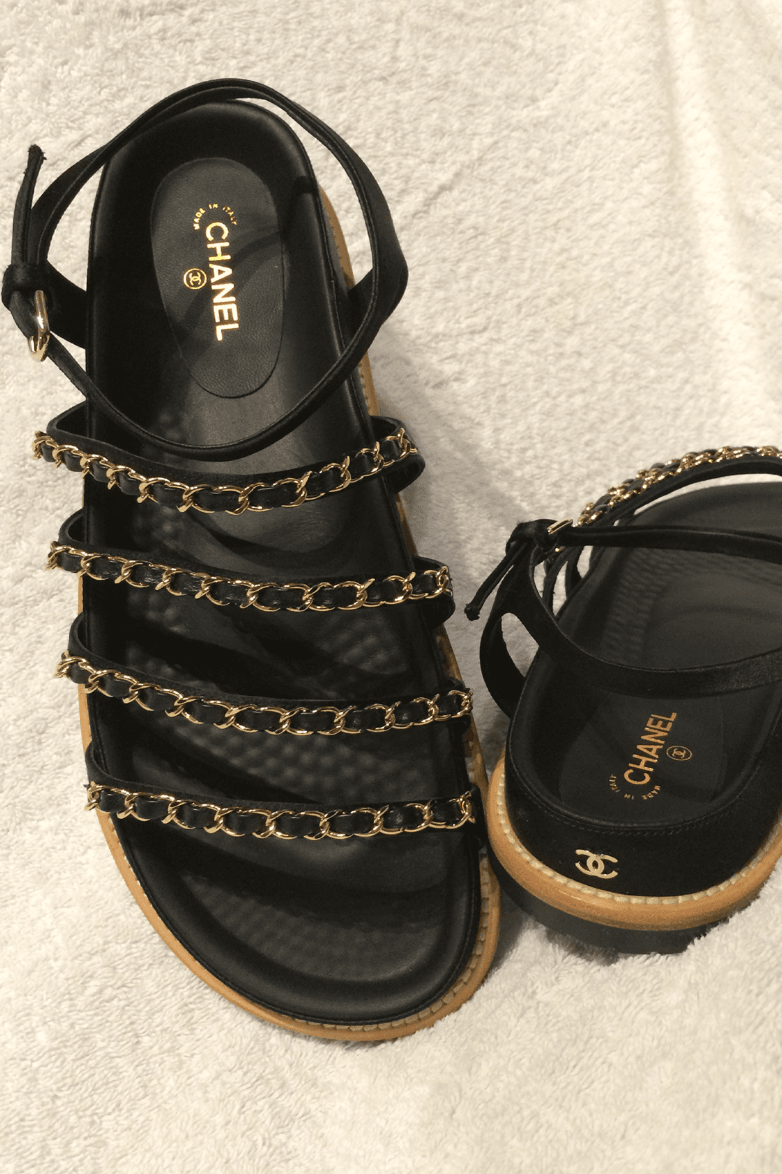 Chanel Satin Strappy Embellished Chain Sandals Milli Fash